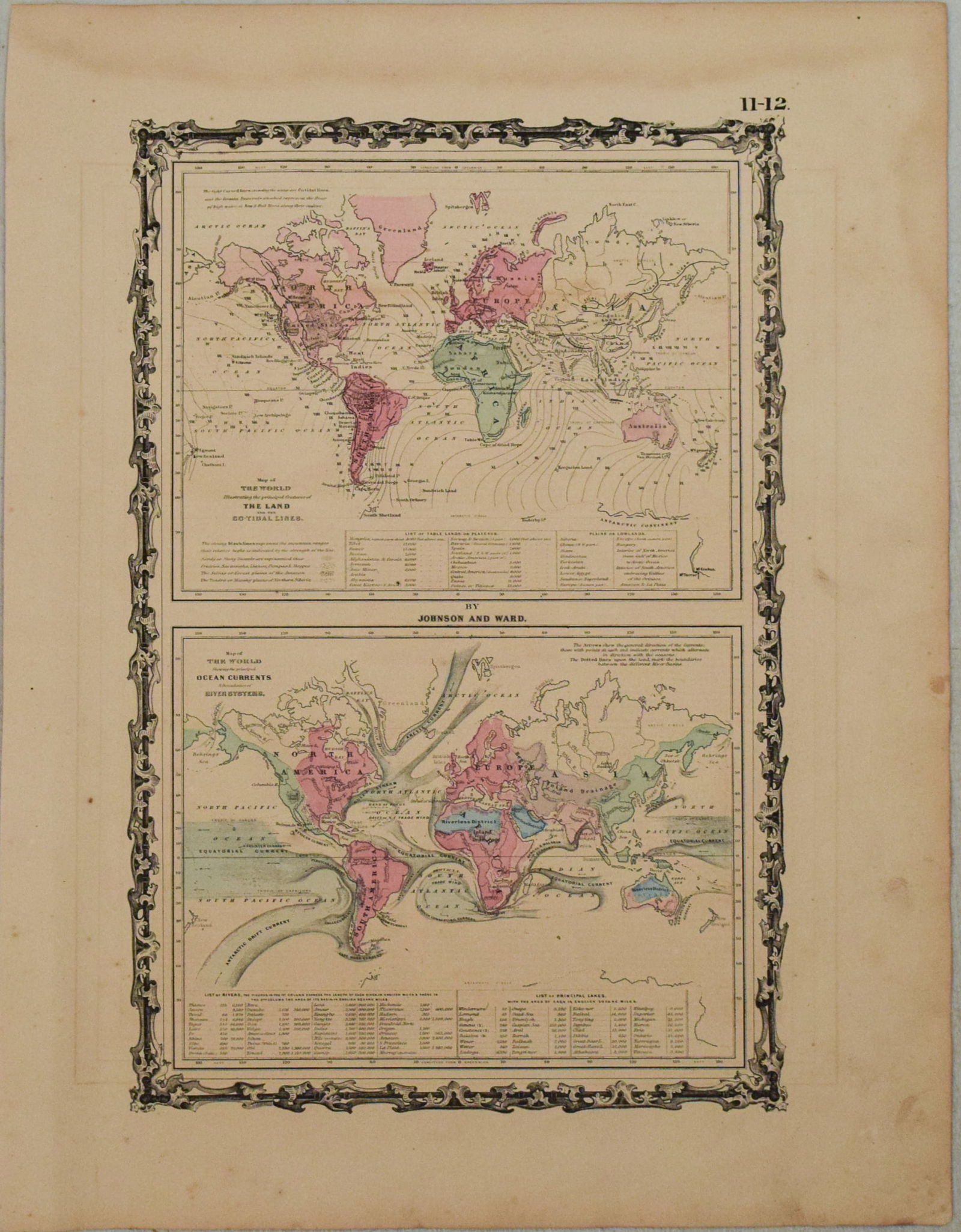 1863 Johnson Map of the World Illustrating Land, Co-tidal Lines and Ocean Currents and River Systems (1 of 1)