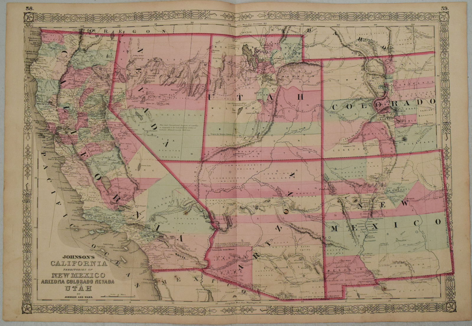 1863 Johnson Map of US West -- Johnson's California,Territories of New Mexico, Arizona, Colorado, (1 of 1)