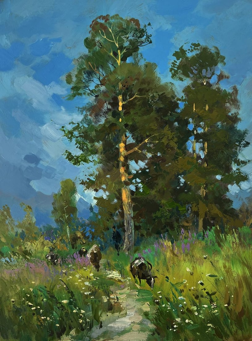 Oil painting Summer road to the forest Yuriy Suprunchuk: Title: Oil painting Summer road to the forest Yuriy Suprunchuk Description: №AAA5759 The Oil painting Cardboard titled "Summer road to the forest" captures the essence of a radiant summer day wh