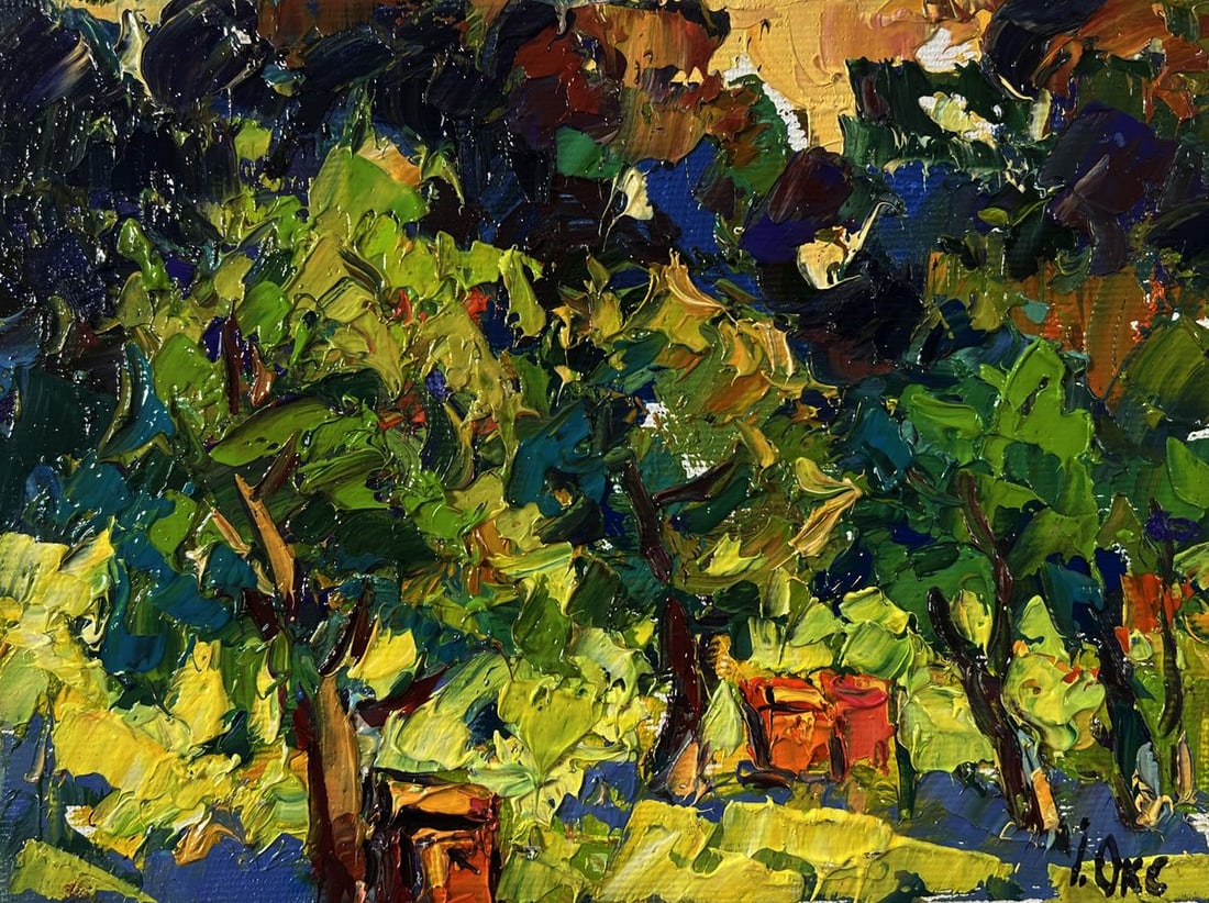 Oil painting Apiary in the forest Oksana Ivanyuk: Title: Oil painting Apiary in the forest Oksana Ivanyuk Description: №AAA5798 The Oil painting Canvas titled "Apiary in the forest" is an exuberant and textured exploration of nature, where bold