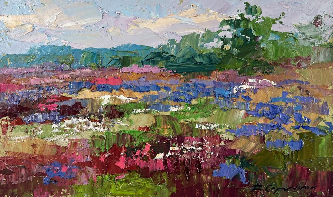 Oil painting Where flowers whisper spring Boris Serdyuk: Title: Oil painting Where flowers whisper spring Boris Serdyuk Description: №AAA4775 The oil painting on Cardboard titled "Where Flowers Whisper Spring" captures the vibrant and rejuvenating spi