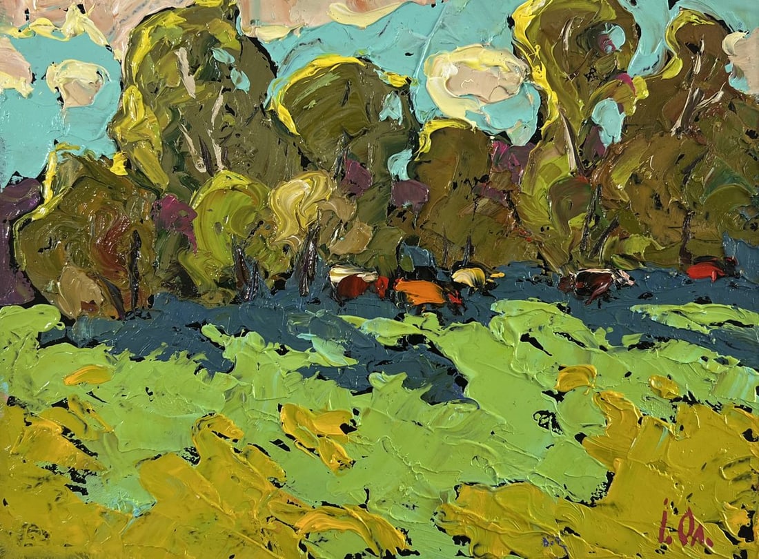 Oil painting Where the field meets the forest Alex Kalenyuk: Title: Oil painting Where the field meets the forest Alex Kalenyuk Description: №AAA5099 The oil painting on Cardboard titled "Where the Field Meets the Forest" captures a moment of vivid harmon