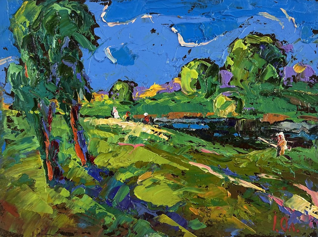 Oil painting Sky through green branches Alex Kalenyuk: Title: Oil painting Sky through green branches Alex Kalenyuk Description: №AAA5129 The oil painting on Cardboard titled "Sky through green branches" is a luminous celebration of nature’s v