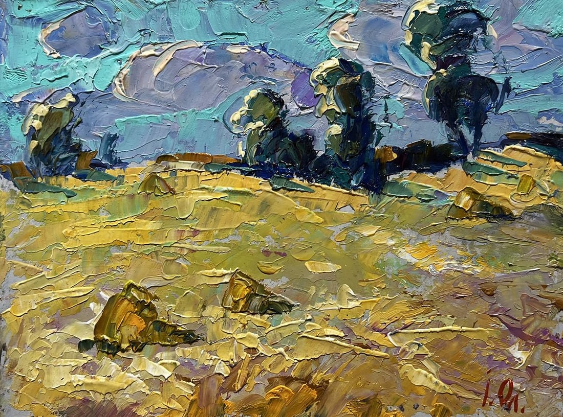 Oil painting In the morning in a wheat field Alex Kalenyuk: Title: Oil painting In the morning in a wheat field Alex Kalenyuk Description: №AAA3937 This oil painting cardboard, titled "In the morning in a wheat field", the foreground is dominated by rich