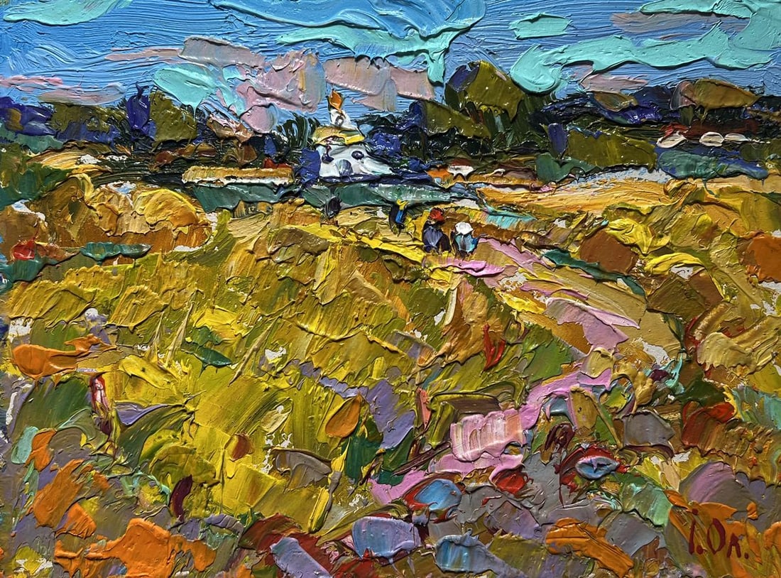 Oil painting The road leading to the village Alex Kalenyuk: Title: Oil painting The road leading to the village Alex Kalenyuk Description: №AAA4012 This oil painting cardboard, titled "The road leading to the village", the artist employs an impasto techn