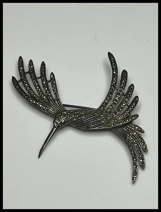 Vintage Sterling Silver Hummingbird Pin with Ruby Eye and Marcasite Pave - 2
