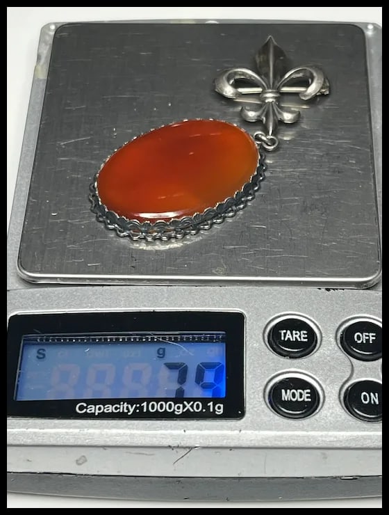Vintage Carnelian Fleur De Lis Sterling Silver Brooch/Pin - 10