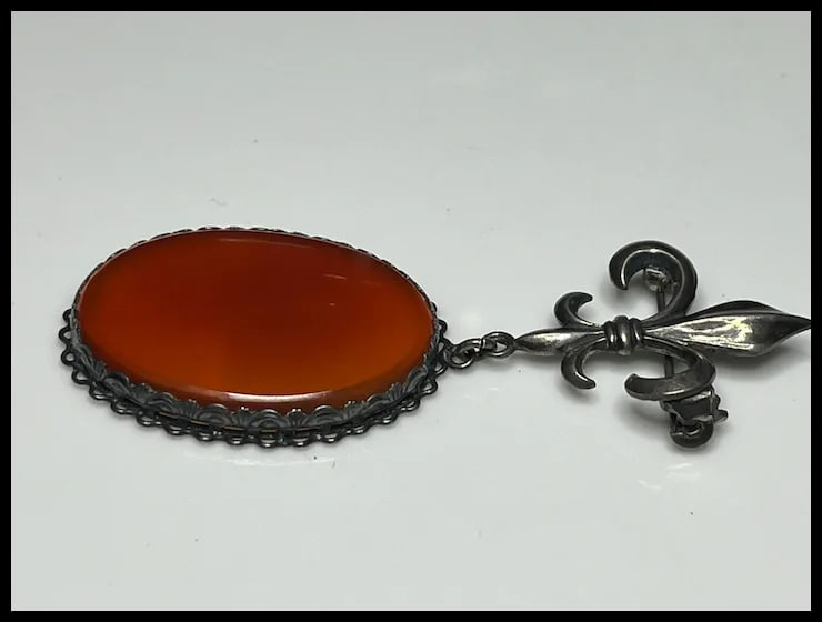 Vintage Carnelian Fleur De Lis Sterling Silver Brooch/Pin - 3