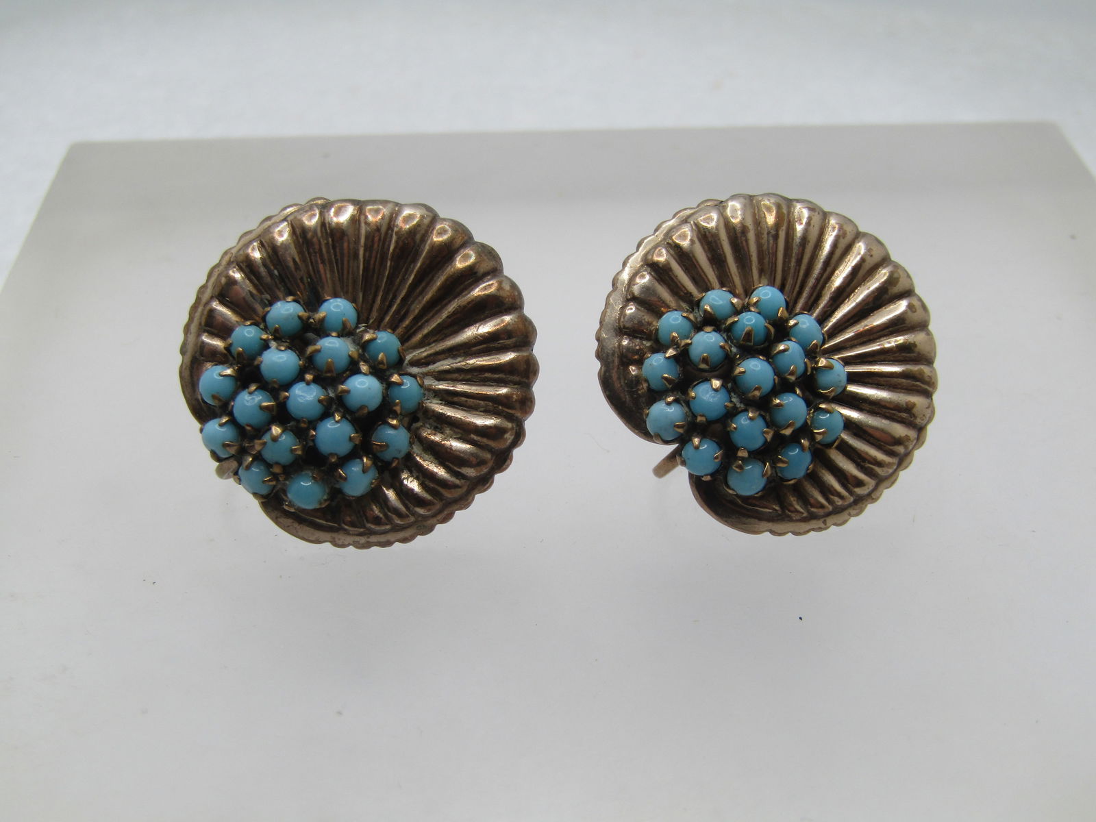 Vintage Sterling Turquoise Glass Bead Earrings, Screwback, 1940's-1950's - 5