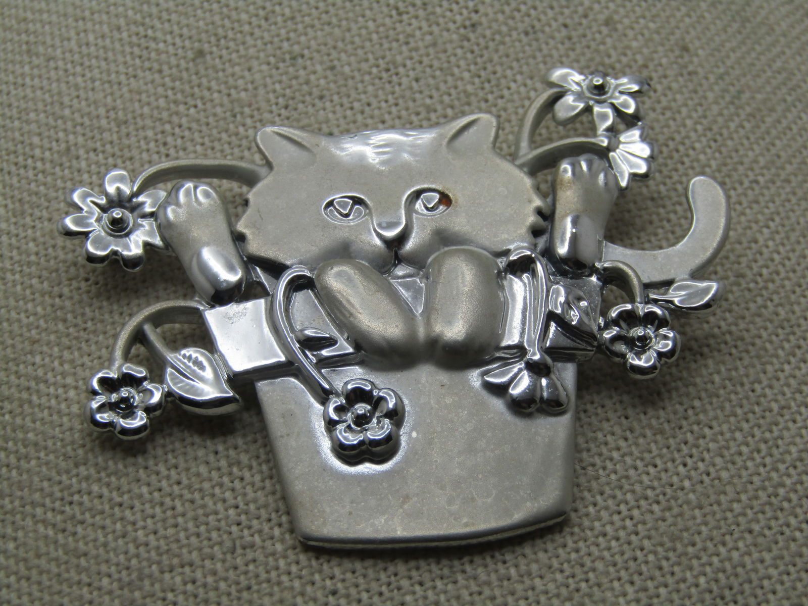 Vintage Cat in Flower Pot Brooch, Signed AJC, 1980's - 2