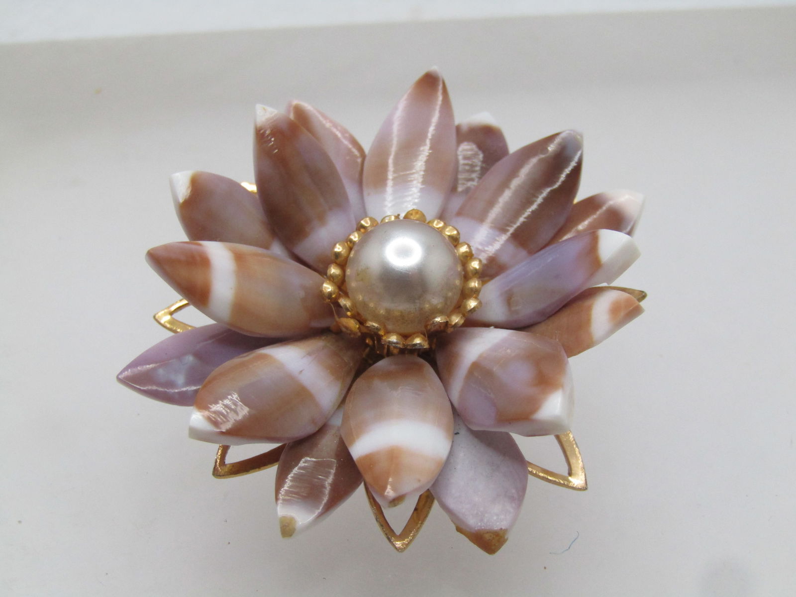 Vintage Tan/Lavender/White Blossom Brooch, Faux Pearl, 1960's-1970's - 4