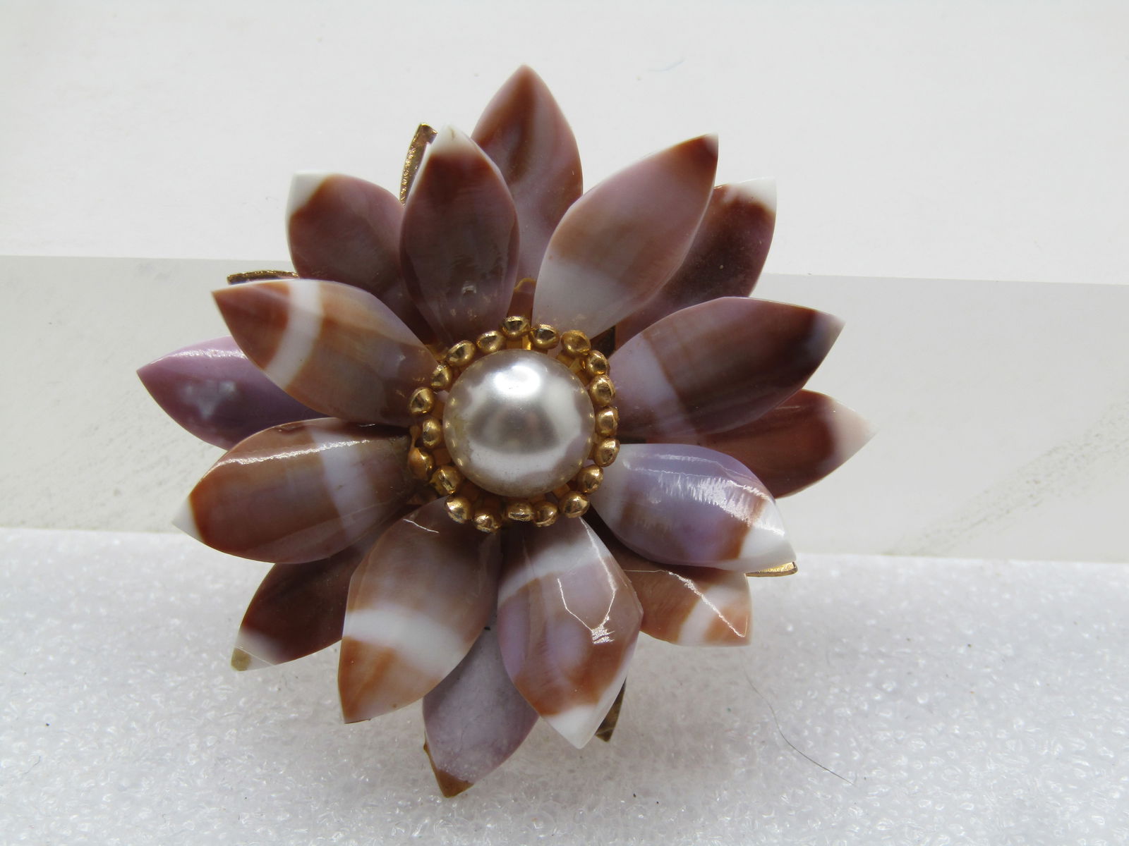 Vintage Tan/Lavender/White Blossom Brooch, Faux Pearl, 1960's-1970's - 6