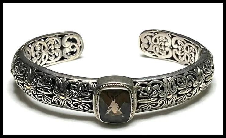 Estate Phillip Gavriel PG Sterling Silver & 18k Gold Smoky Quartz Filigree Cuff Bracelet, Earrings, - 3