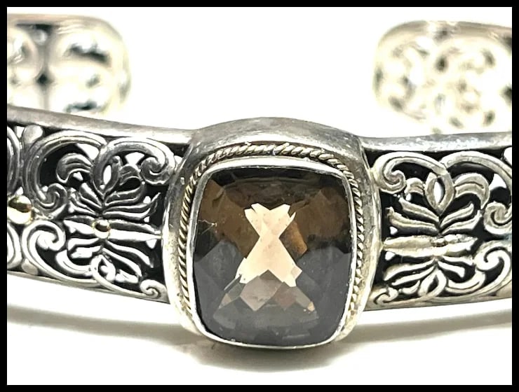 Estate Phillip Gavriel PG Sterling Silver & 18k Gold Smoky Quartz Filigree Cuff Bracelet, Earrings, - 7