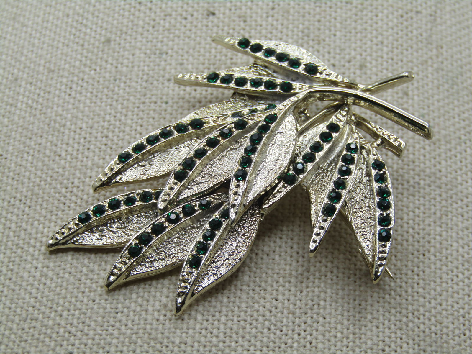 Vintage Green Rhinestone Leaf Stem Brooch, Dodd's, 1960's (1 of 5)