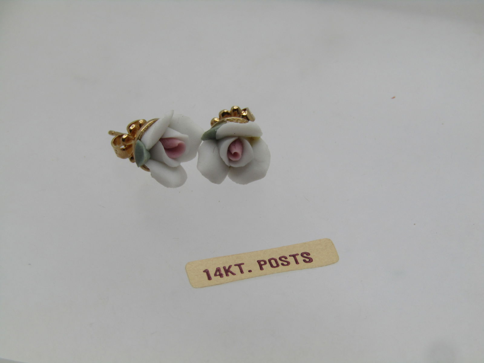 Vintage Porcelain White Rose Earrings, 14kt Posts, 1960's-1970's, Signed Amco: Vintage Porcelain White Rose Earrings, 14kt Posts, 1960's-1970's. 1/3" white porcelain rose earrings with pink center - studs with 14kt yellow gold posts and clutches. Signed AMCO. test as 14kt