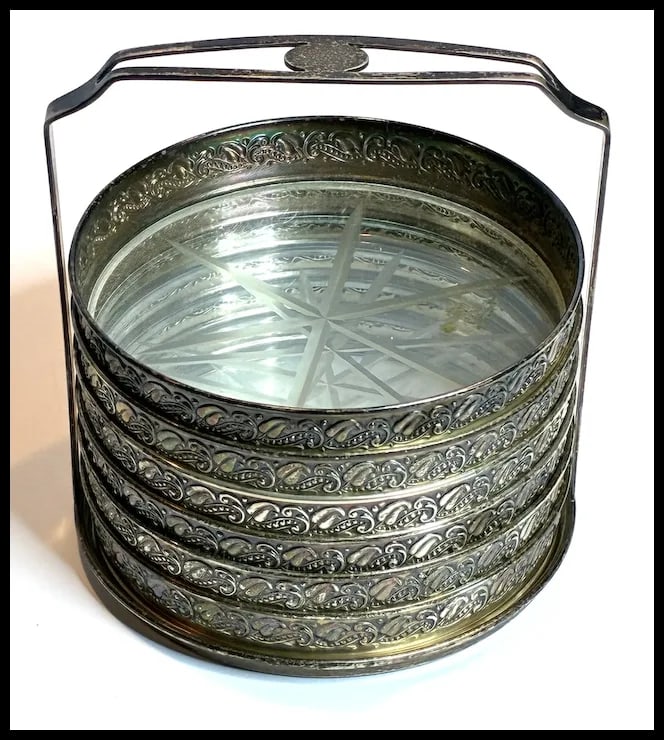 Vintage Sterling Silver Caddy and Mounted Cut Glass Bottom Coaster Set of Six - 2