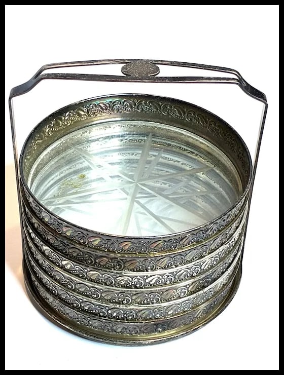 Vintage Sterling Silver Caddy and Mounted Cut Glass Bottom Coaster Set of Six - 3