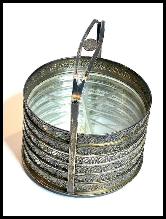 Vintage Sterling Silver Caddy and Mounted Cut Glass Bottom Coaster Set of Six - 4