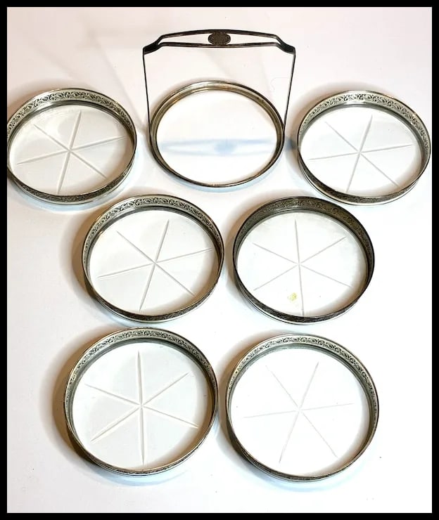Vintage Sterling Silver Caddy and Mounted Cut Glass Bottom Coaster Set of Six - 5