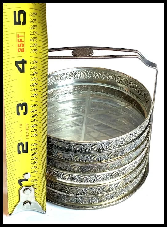 Vintage Sterling Silver Caddy and Mounted Cut Glass Bottom Coaster Set of Six - 8