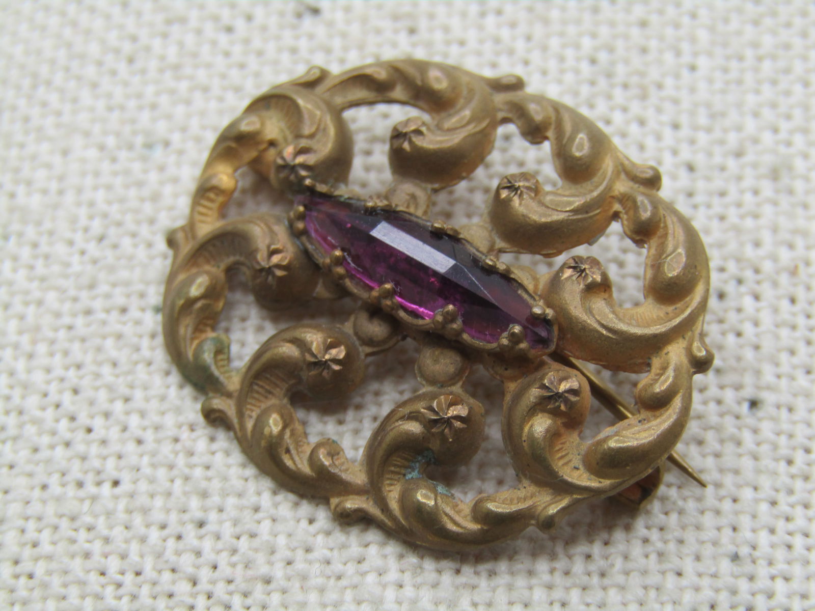 Vintage Victorian Scrolled Brooch, Purple Rhinestone, C-Clasp, 1800's-1910 - 2