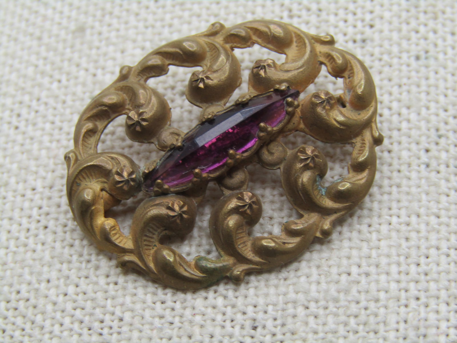 Vintage Victorian Scrolled Brooch, Purple Rhinestone, C-Clasp, 1800's-1910 - 3