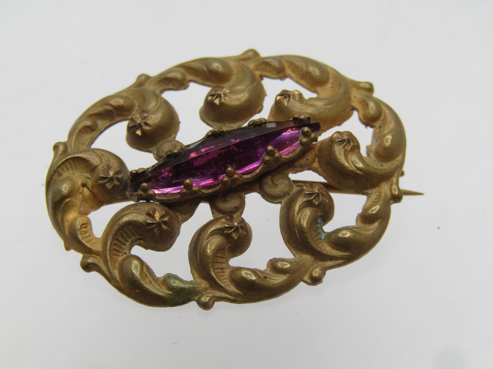 Vintage Victorian Scrolled Brooch, Purple Rhinestone, C-Clasp, 1800's-1910 - 5