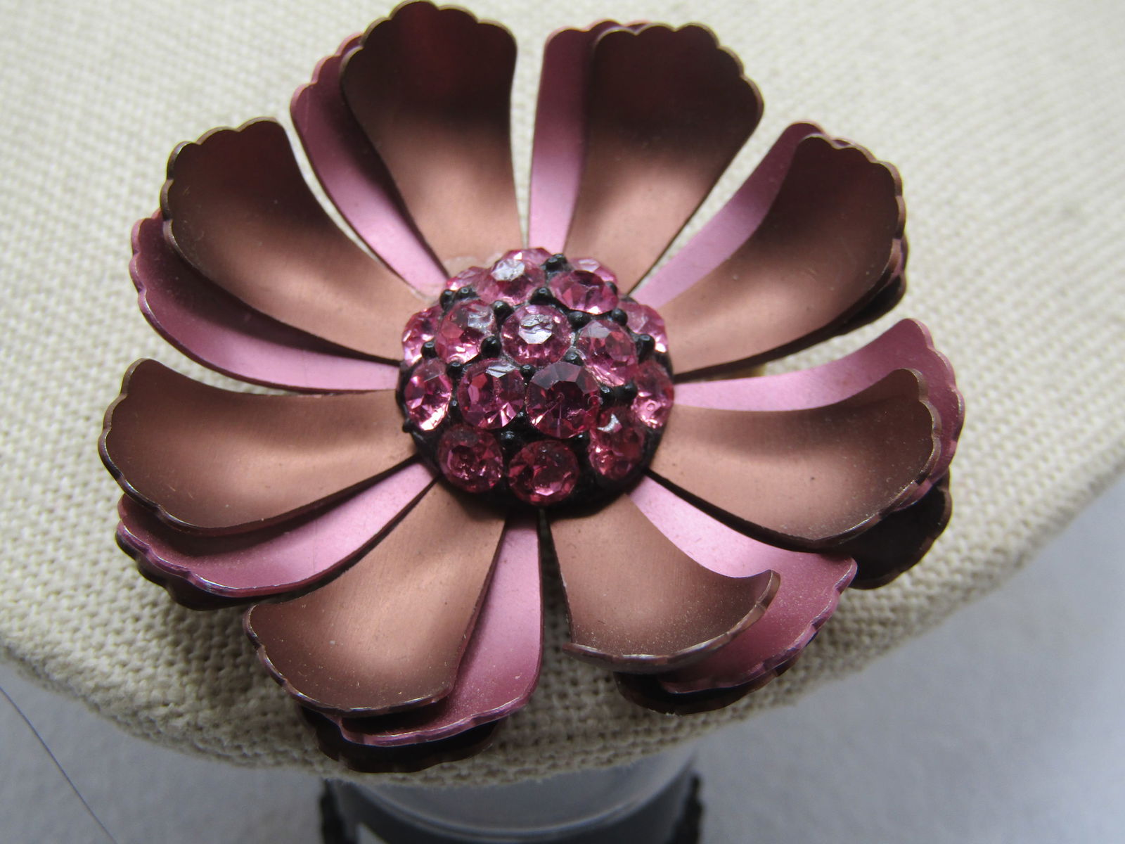 Vintage Matte Satin Pink/Brown Blossom Brooch w/Rhinestones, 1960's: Vintage Matte Satin Pink/Brown Blossom Brooch w/Rhinestones, 1960's. this is a three tiered brooch with scalloped edges petals in a satiny brown/bronze color and satiny pink between the two layers