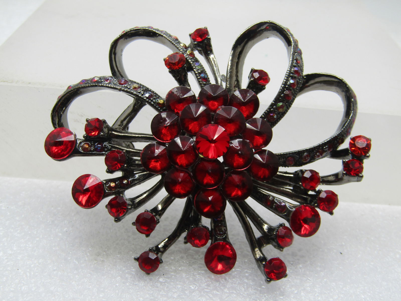 Vintage Red Rhinestone Black Metal Blossom Brooch, 1980's-1990' (1 of 4)