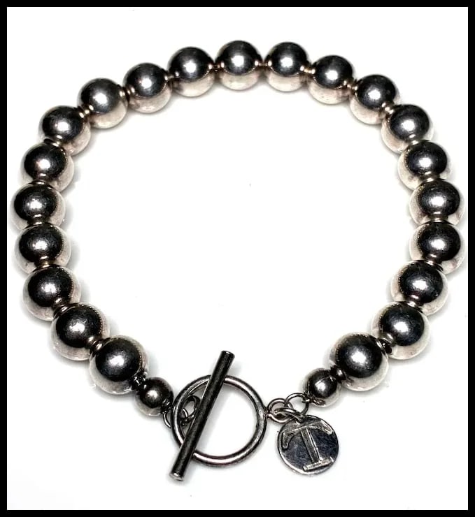 Estate Sterling Silver Ball Bead Bracelet With Toggle Closure Signed T - 2