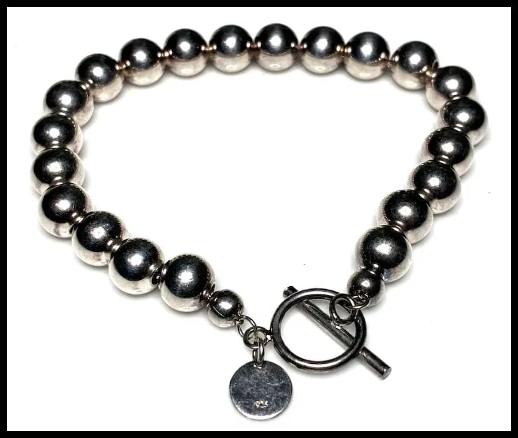 Estate Sterling Silver Ball Bead Bracelet With Toggle Closure Signed T - 3