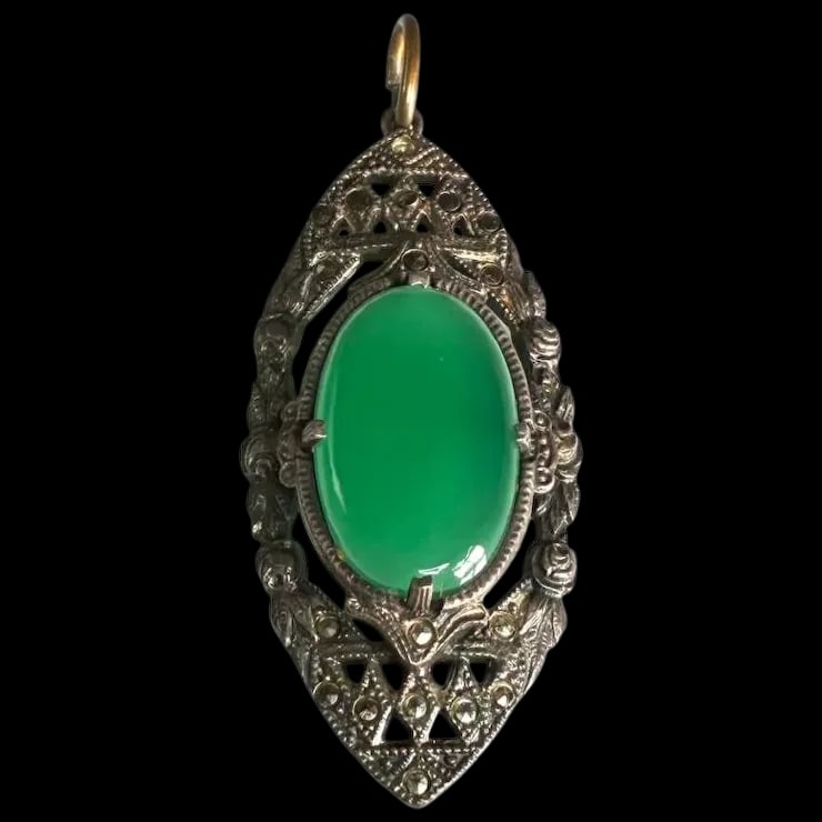 Vintage Art Deco Sterling Silver Marcasite Filigree Pendent (1 of 6)