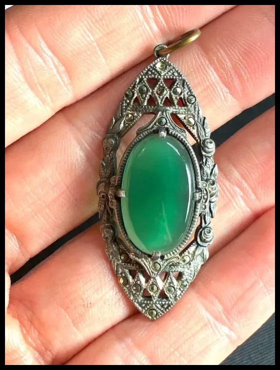 Vintage Art Deco Sterling Silver Marcasite Filigree Pendent - 6