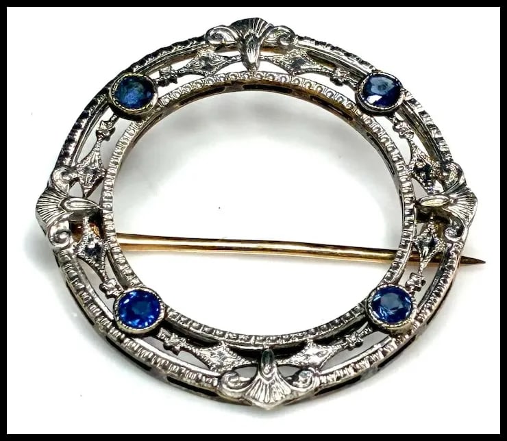 Antique 14k White Gold Art Deco Sapphire Brooch - 2