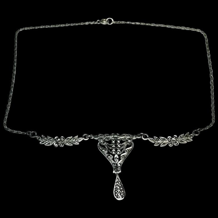 Vintage Art Deco Sterling Silver Marcasite Fancy Link Necklace (1 of 8)