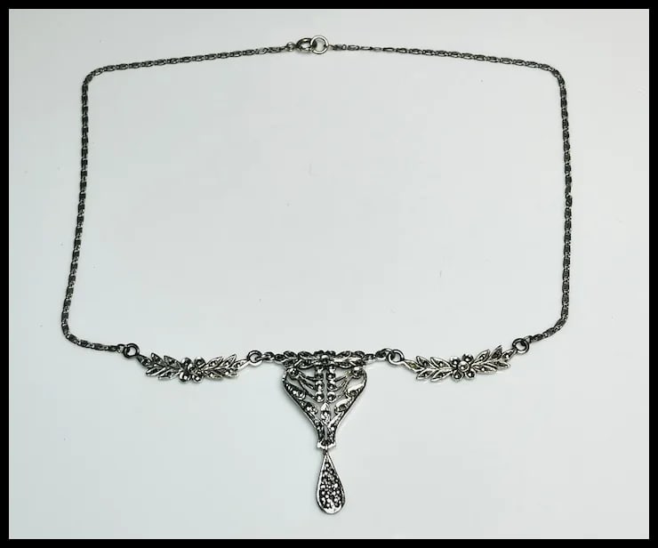 Vintage Art Deco Sterling Silver Marcasite Fancy Link Necklace - 3