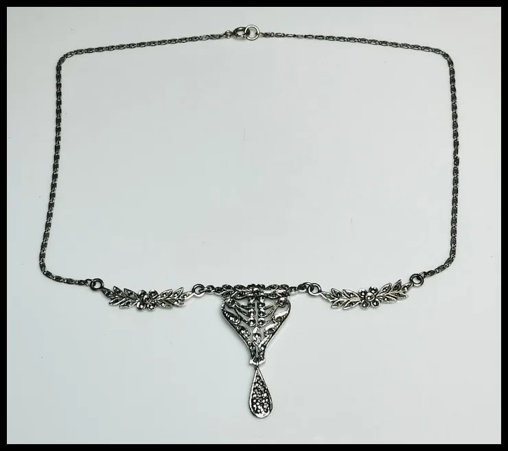 Vintage Art Deco Sterling Silver Marcasite Fancy Link Necklace - 4