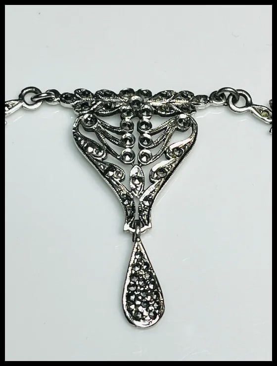 Vintage Art Deco Sterling Silver Marcasite Fancy Link Necklace - 5