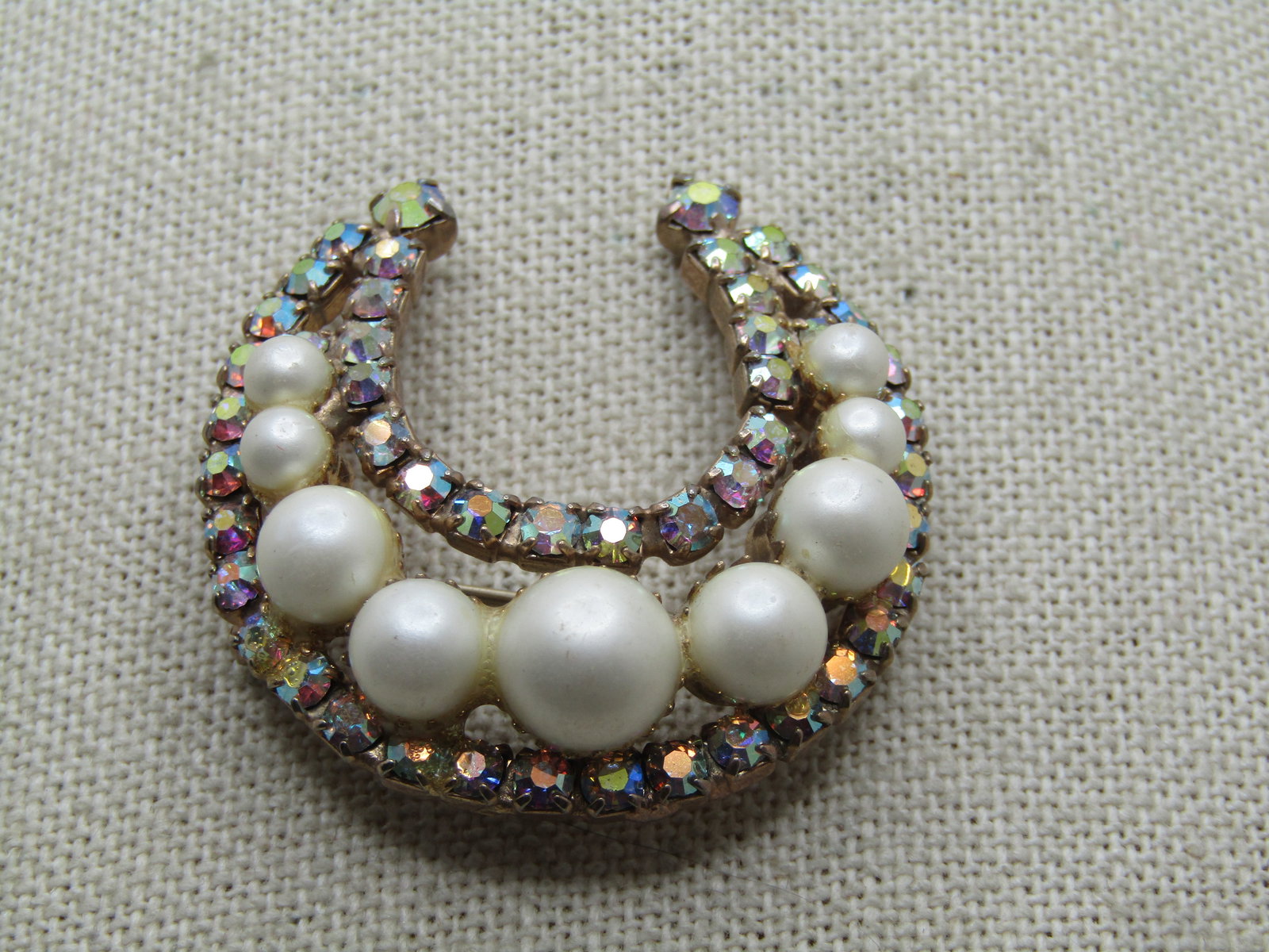 Vintage Faux Pearl & AB Rhinestone Horseshoe Brooch, 1950's (1 of 7)