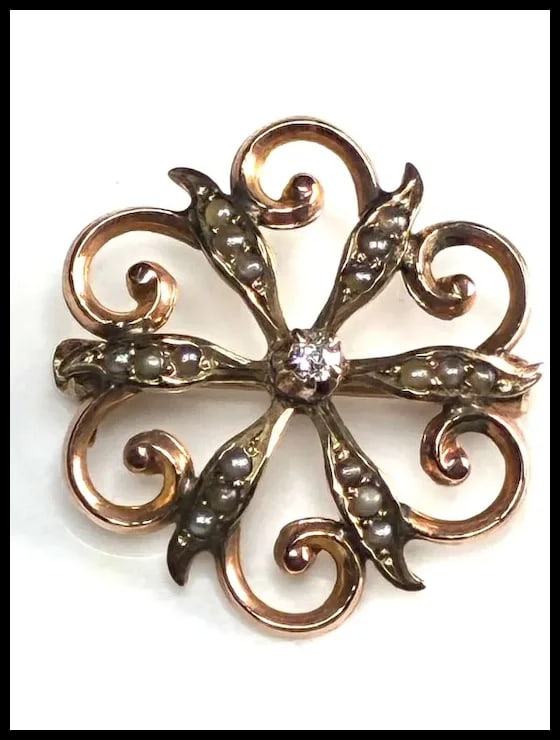 Victorian 10k Gold Diamond Seed Pearl Brooch - 2