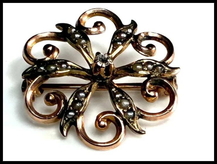 Victorian 10k Gold Diamond Seed Pearl Brooch - 3