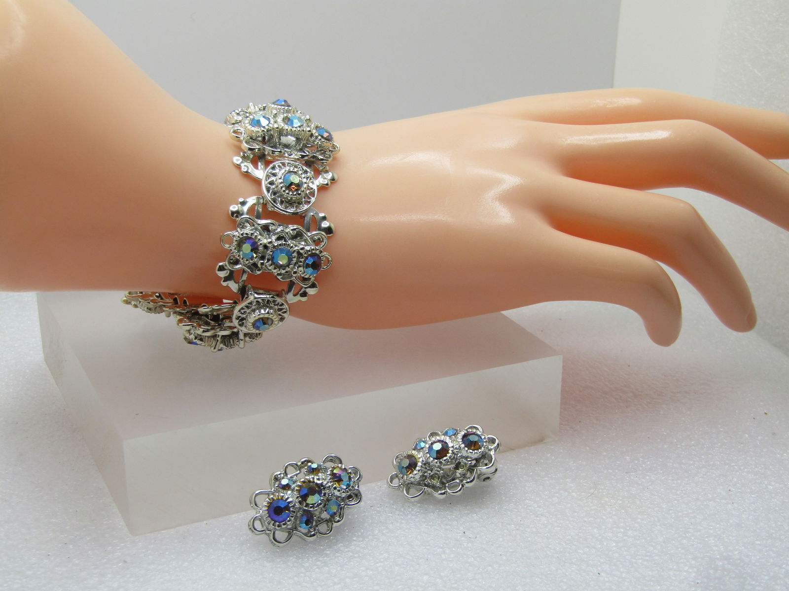 Vintage Aurora Borealis Rhinestone Bracelet & Clip Earrings, 1960's-1970's (1 of 7)