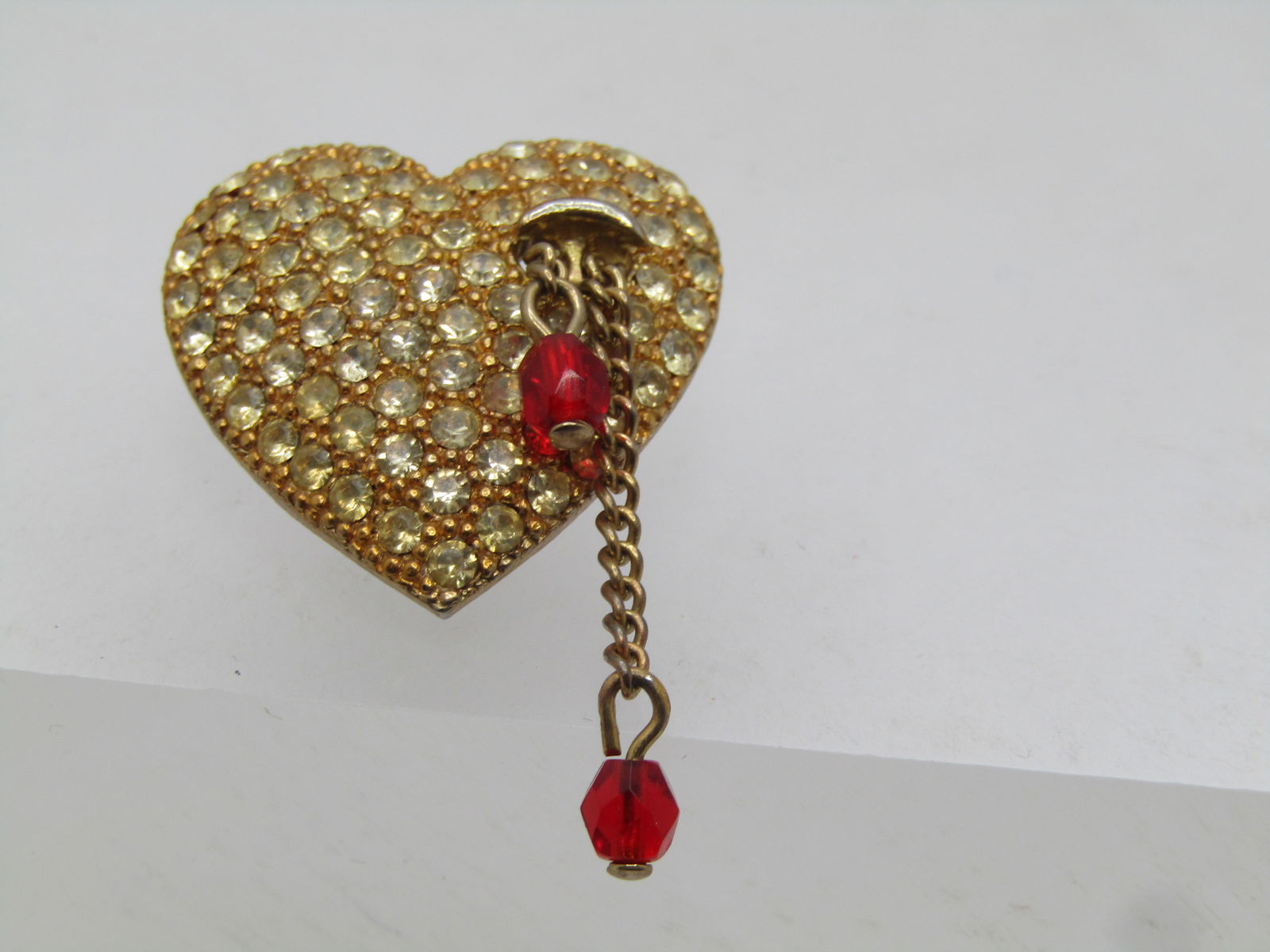 Vintage Rhinestone Heart with Red Dangles Brooch, J.J. 1950's. (1 of 6)