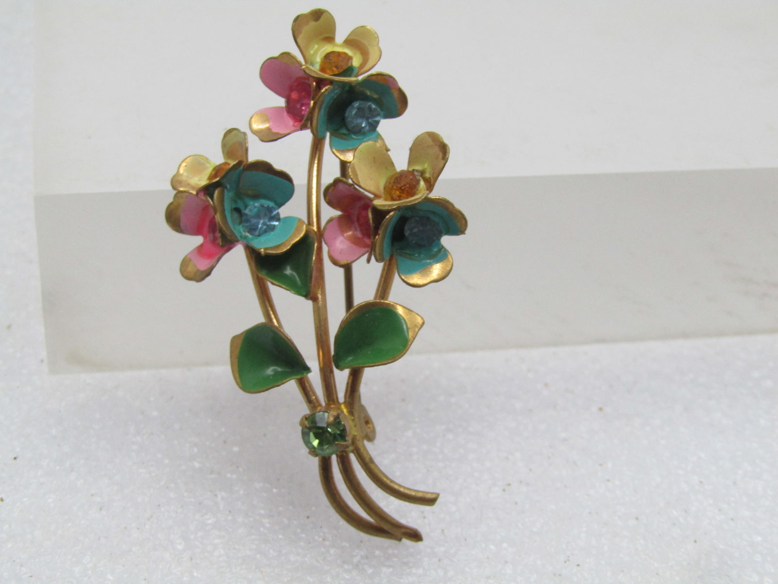 Vintage Enameled Floral Stem Brooch, Rhinestones, 1940's-1950's (1 of 5)