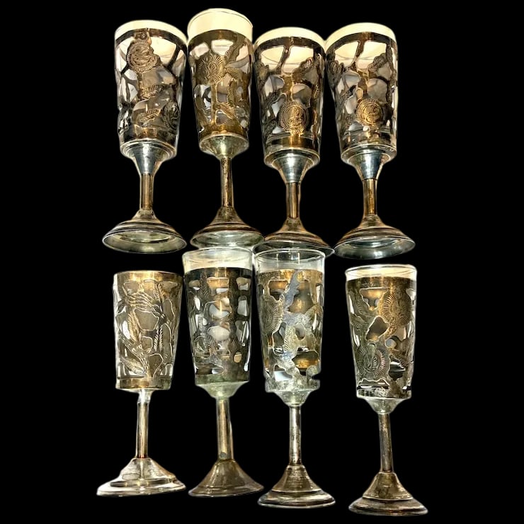 Lot of Eight Mexican Glass Lined Sterling Silver Filigree Cordials Glasses (1 of 7)