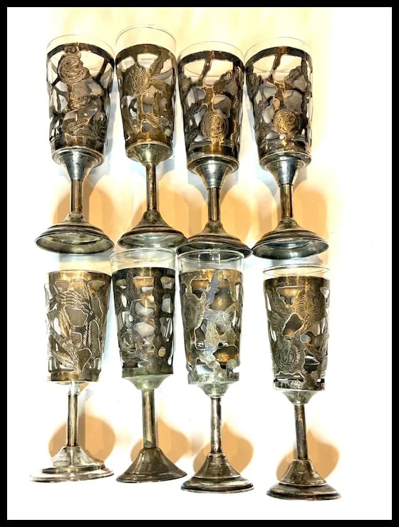 Lot of Eight Mexican Glass Lined Sterling Silver Filigree Cordials Glasses - 2