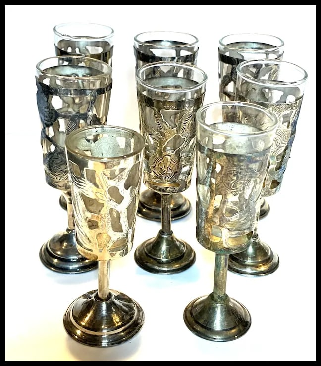 Lot of Eight Mexican Glass Lined Sterling Silver Filigree Cordials Glasses - 3