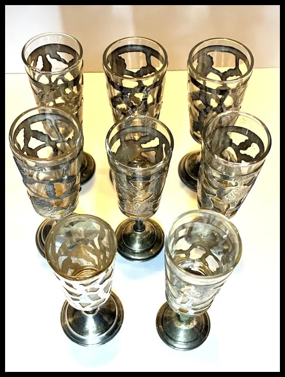 Lot of Eight Mexican Glass Lined Sterling Silver Filigree Cordials Glasses - 4