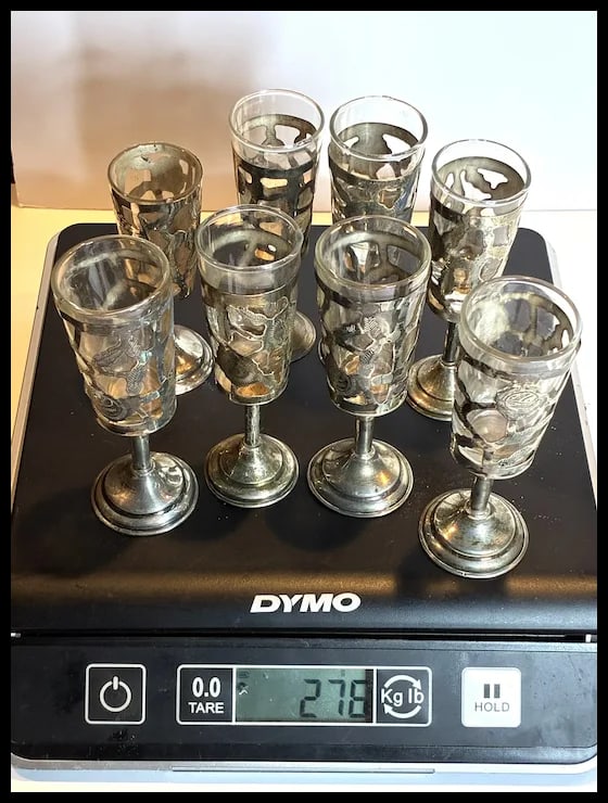 Lot of Eight Mexican Glass Lined Sterling Silver Filigree Cordials Glasses - 7